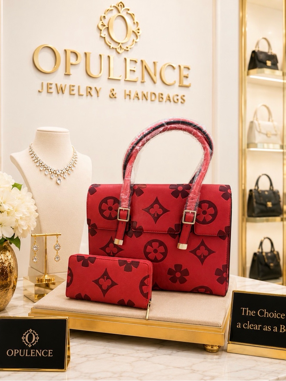 Red Floral Pattern Tote Bag with Matching Wallet